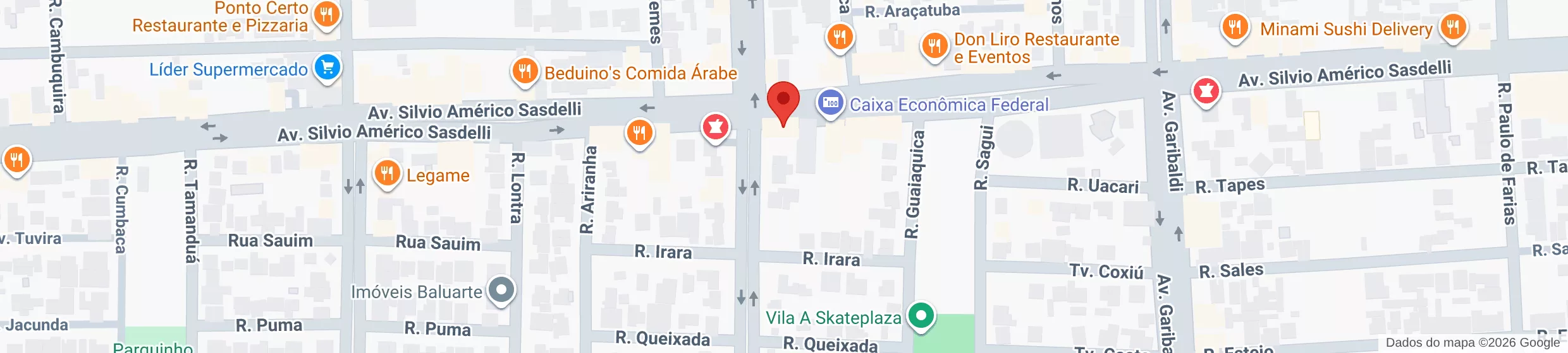 Mapa do consultório na Av. Silvio Américo Sasdelli, 2080, próximo ao cruzamento com a Av. Andradina, em Foz do Iguaçu. Dados cartográficos Google.